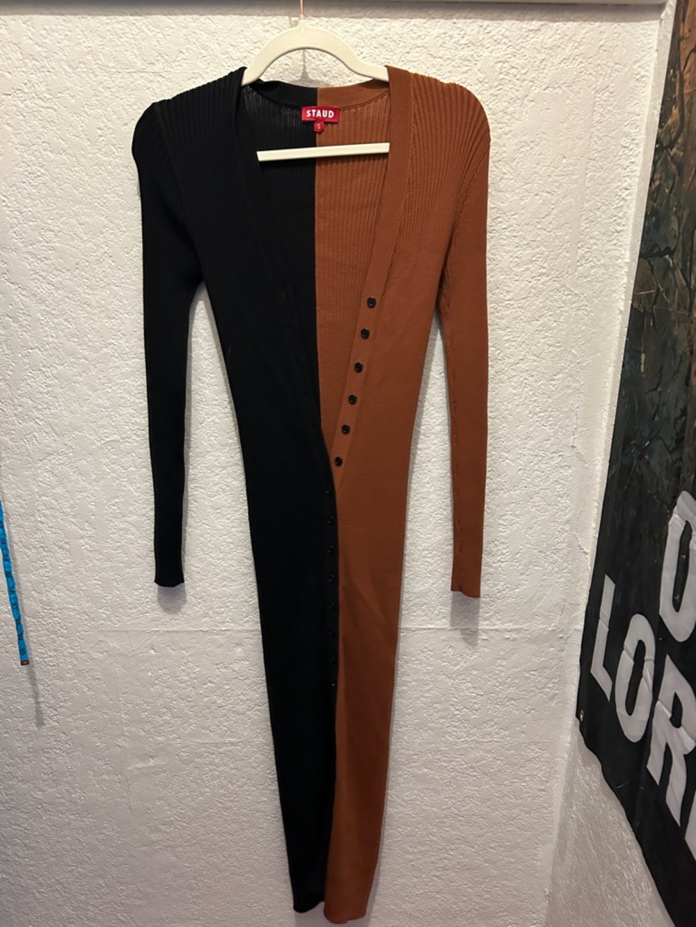 STAUD Black and Brown Colorblock Ribbed Button-Front Dress